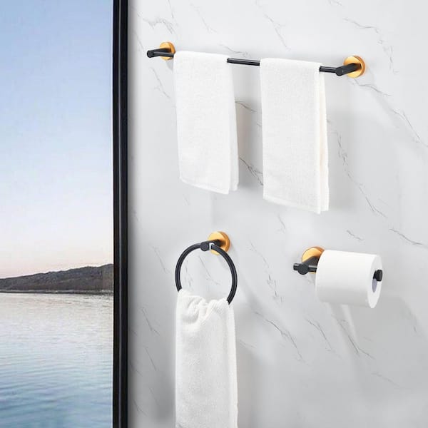 Tileon 3-Piece Aluminum Bath Hardware Set with Adjustable Towel Bar, Towel Ring, Toilet Paper Holder in Black Gold