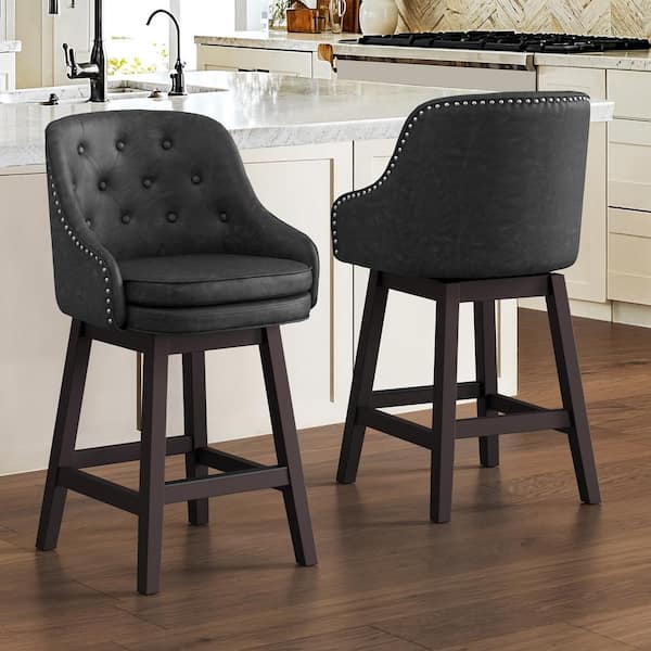 cozyman 26 in. Black Faux Leather Swivel Barstool Solid Wood Frame Double Cushion Counter Height Bar Stool Set of 2