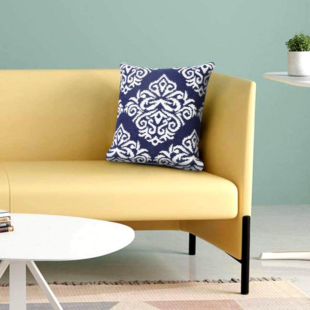 Blue and White Cotton Damask Square Throw Pillow Set