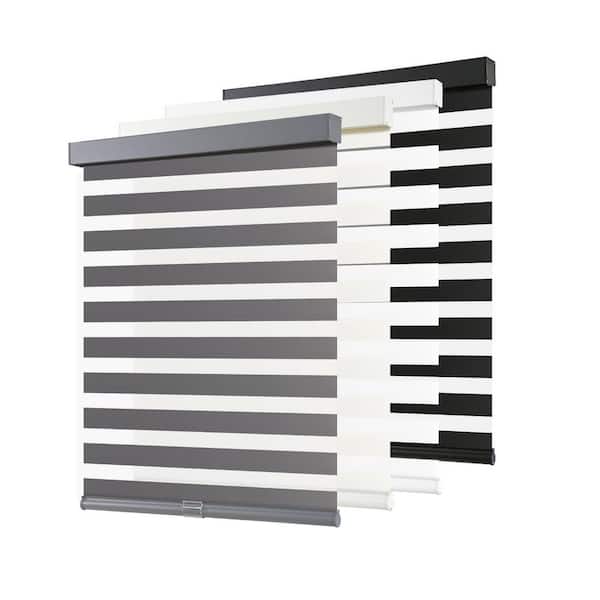 Zebra Blinds Cordless Shades-Dual Layer Light Filtering, Day & Night, Gray Polyester Fabric 28 in. W x 72 in. L
