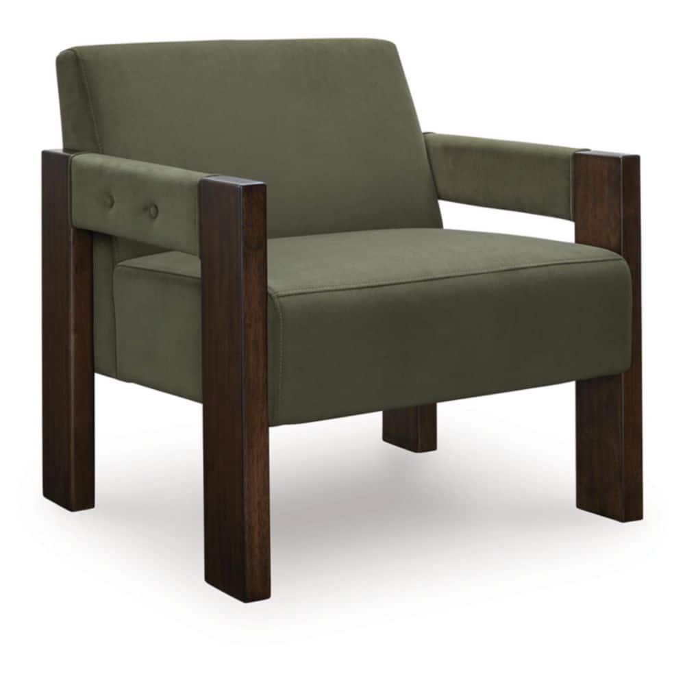 Three-quarter view of a green upholstered armchair with dark wood legs.