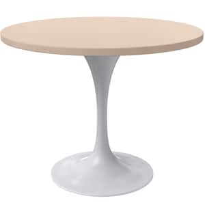 Verve Modern Dining Table with a 36 in. Round MDF Wood Tabletop and White Steel Pedestal Base, Light Natural