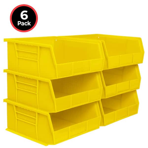 Heavy-Duty Stackable and Hanging Plastic Storage Totes, 10.88 in. L x 11 in. W x 5 in. H, Holds 50 lbs., Yellow (6-Pack)