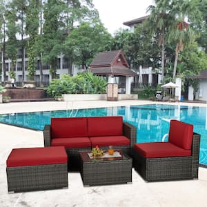 Outdoor Gray 5-Piece Wicker Outdoor Patio Conversation Seating Set with Red Cushions
