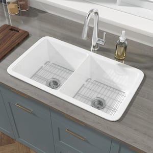 Kitchen Sink 32 in. Drop-In/Undermount Double Bowl White Fireclay Kitchen Sink with Strainer and Bottom Grid