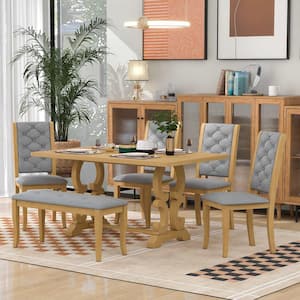 6-Piece Natural Wood Wash Retro Rectangular MDF Top Table Set Seats 6