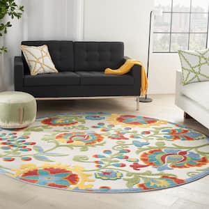 Aloha Ivory/Multicolor 8 ft. x 8 ft. Round Floral Contemporary Indoor/Outdoor Patio Area Rug