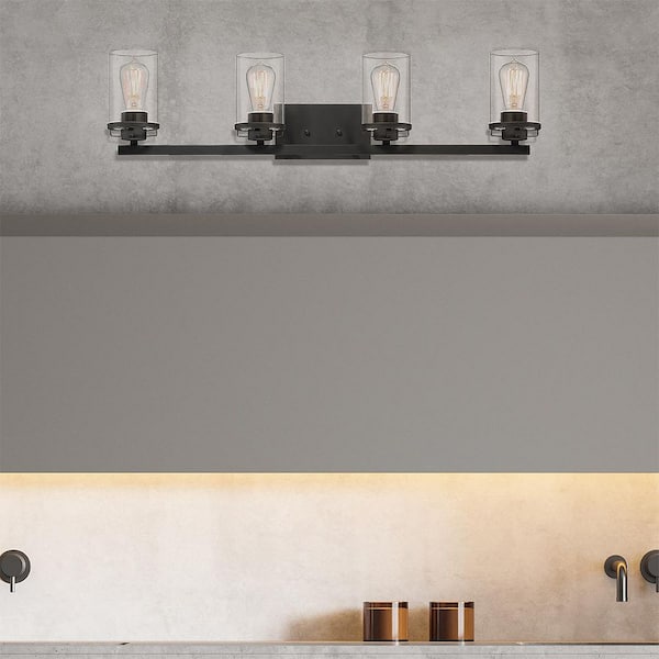 Designers Fountain Jedrek 33.75 in. 4-Light Black Industrial Vanity Light with Clear Glass Shades