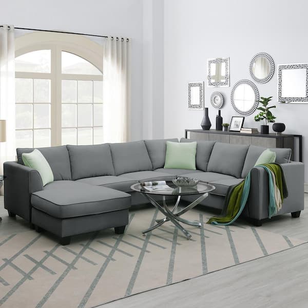 Clihome 112 Polyester Sectional Sofa Couches in Grey Living