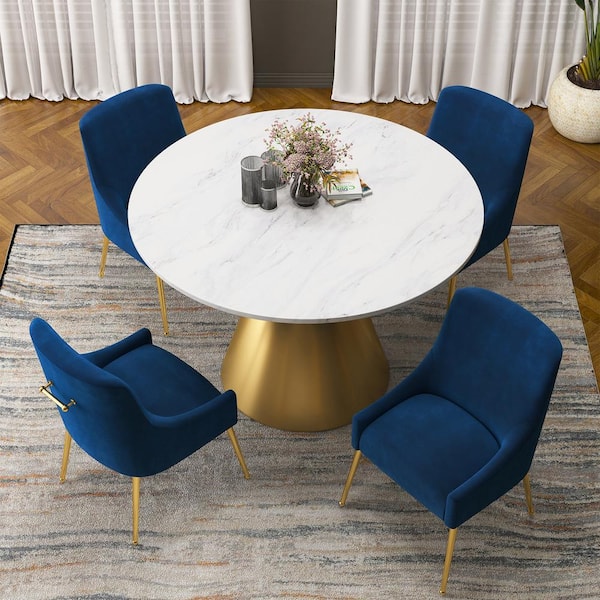 5-Piece Round Stainless Steel White and Gold Marble Top Table Set Seats 4 (4-Navy Blue Dining Chairs）