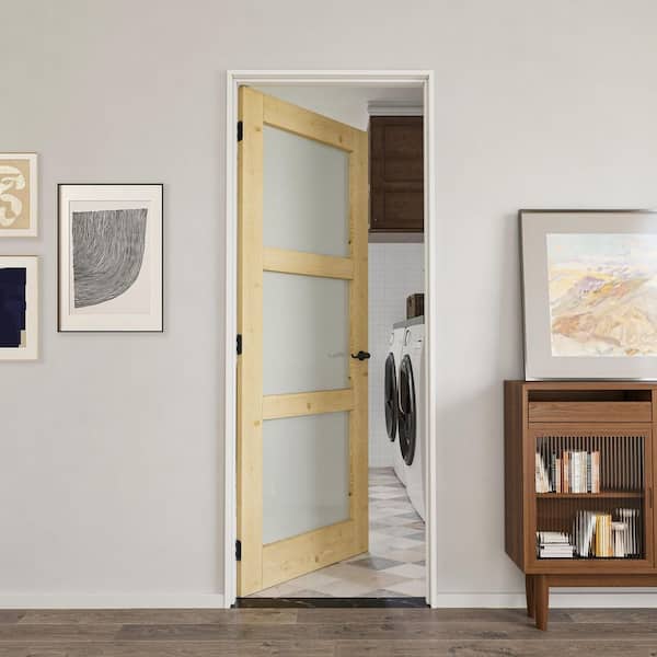 32 in. x 80 in. 3-Lite Frosted Glass Left Solid Core Pine Glass Single Prehung Interior Door with Quick Assemble Jamb