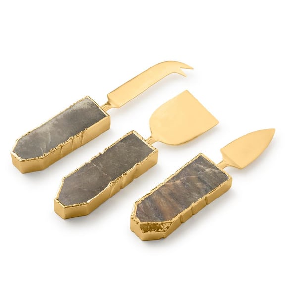 Rattan and Gold Cheese Knives (Set of 3)