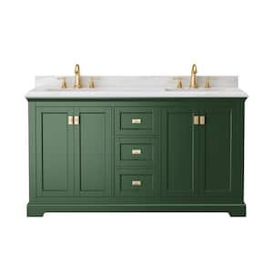 60.6 in. W x 22.4 in. D x 34 in. H Double Sink Solid Wood Bath Vanity in Green with White Kakara Engineered Marble Top
