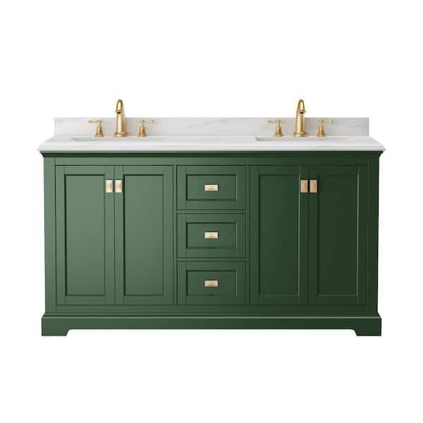 Lonni 60.6 in. W x 22.4 in. D x 34 in. H Double Sink Solid Wood Bath Vanity in Green with White Kakara Engineered Marble Top