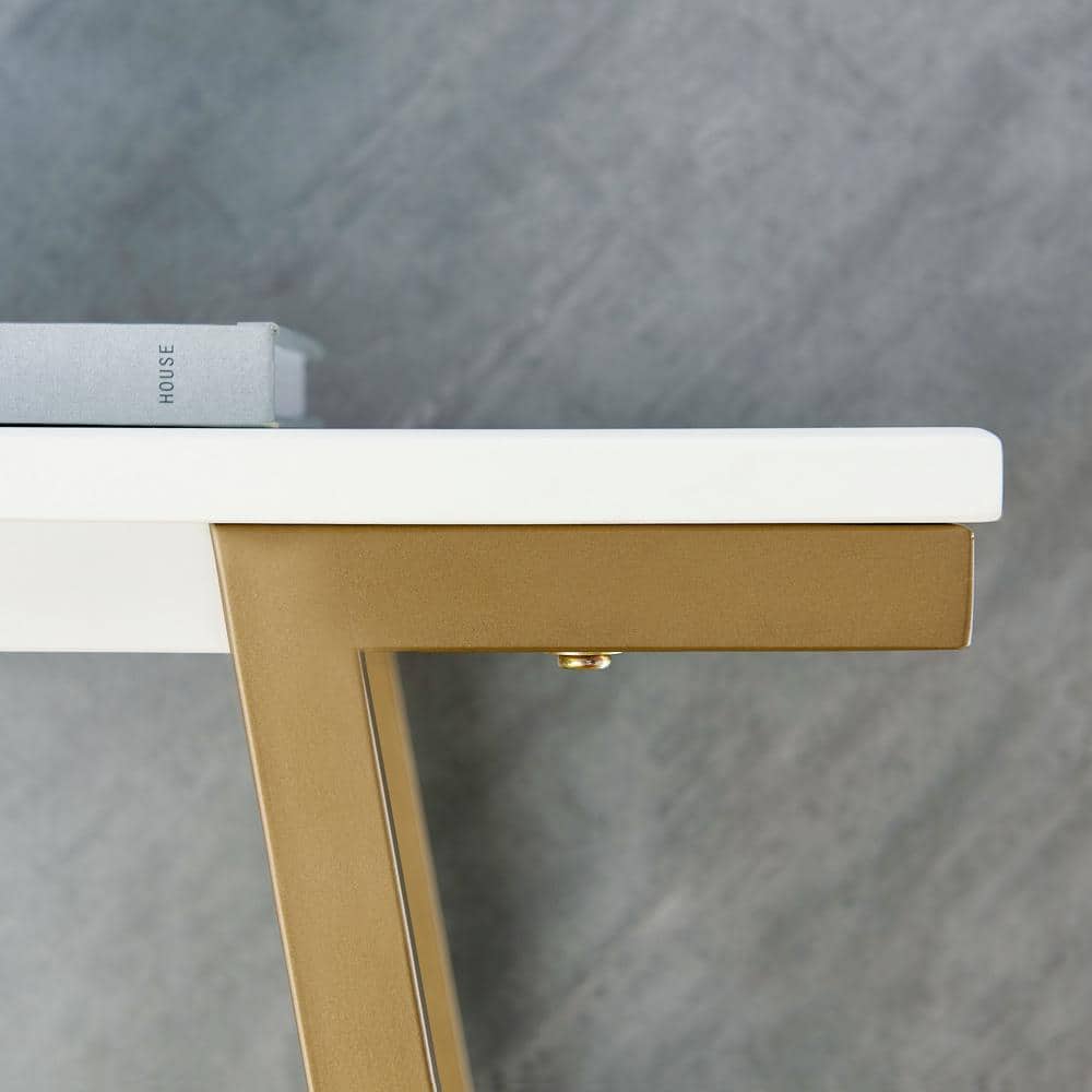 White Wood and Gold Metal Console Table with Storage