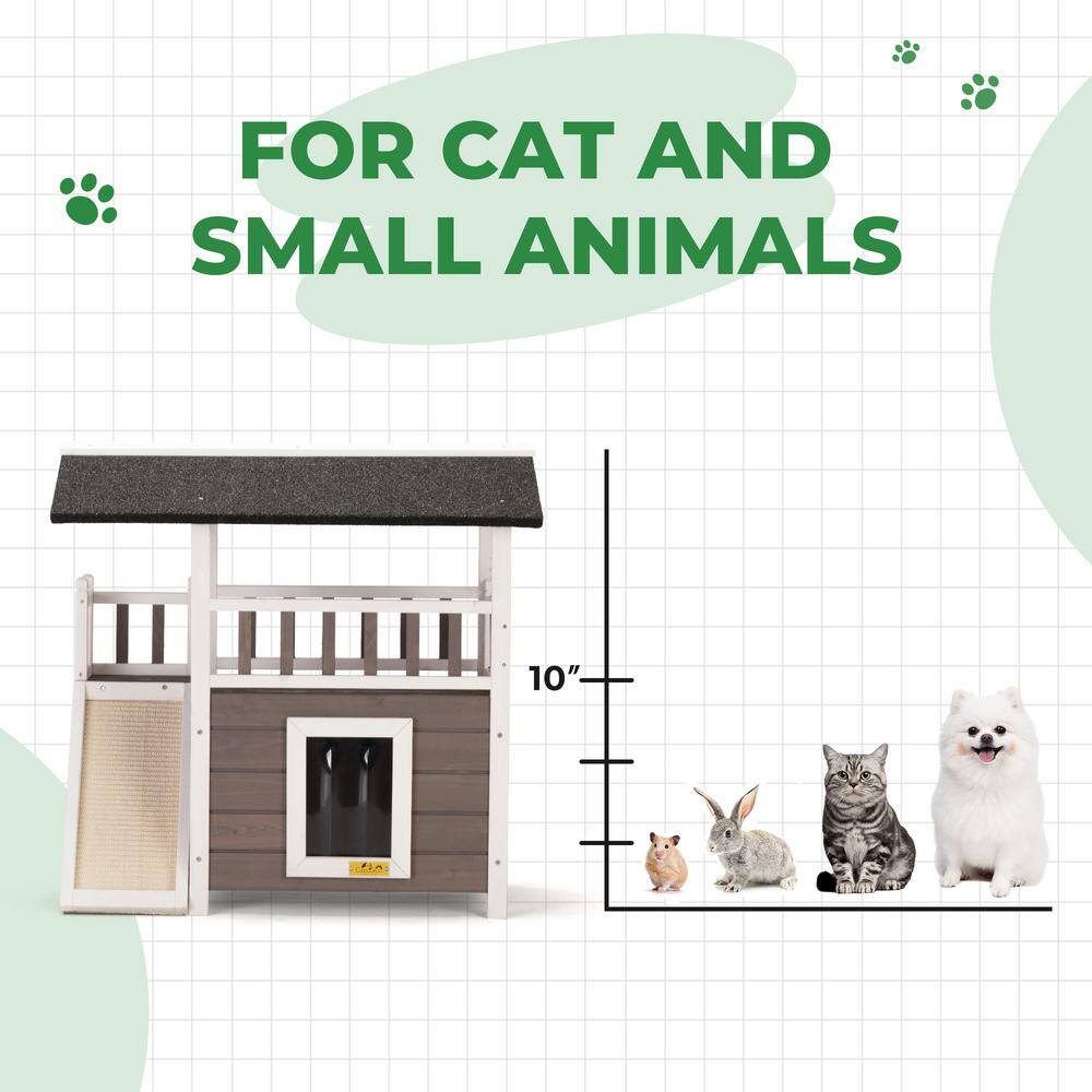 Medium Gray and White Wooden Outdoor Cat House with Balcony