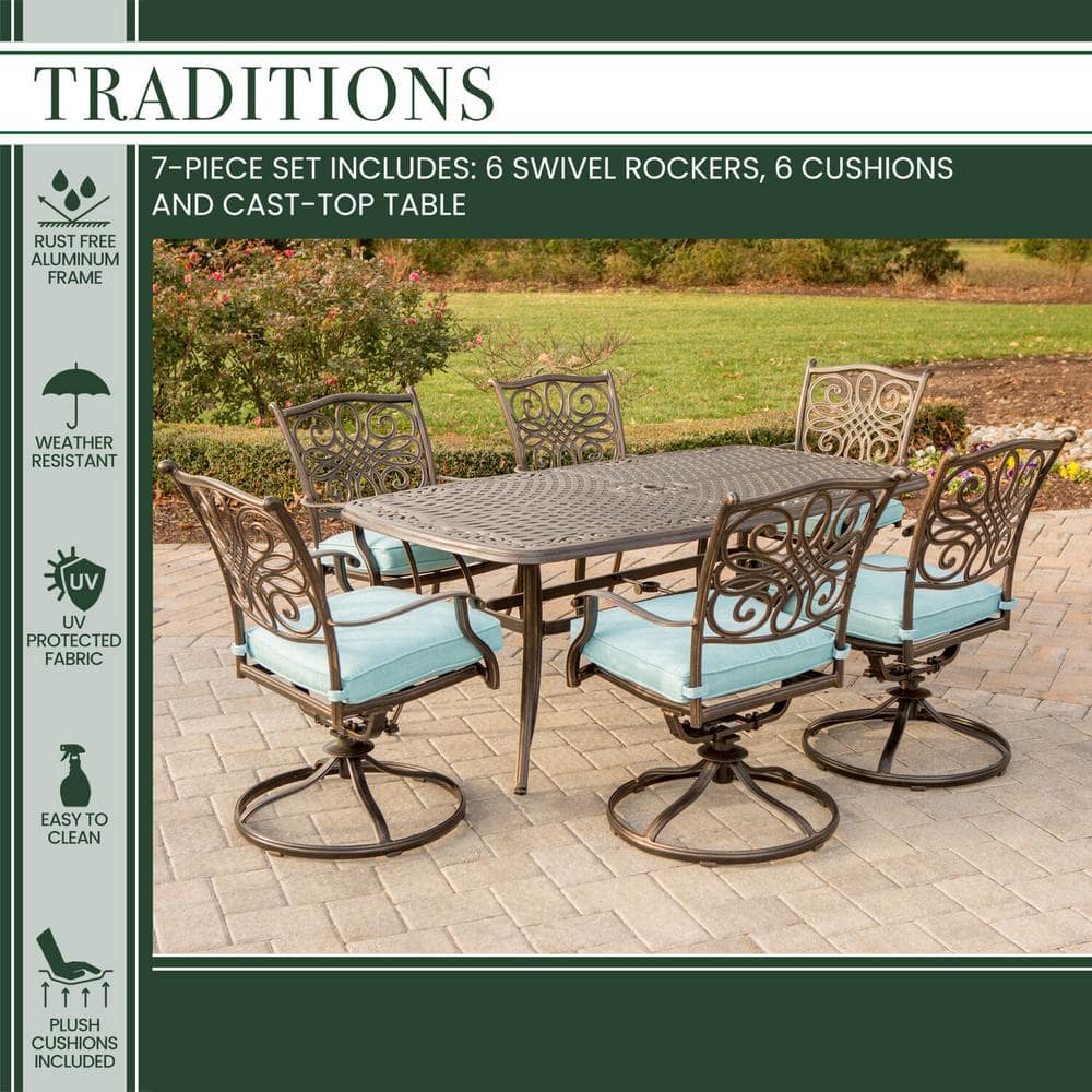 Bronze Aluminum Outdoor Dining Set with Blue Cushions