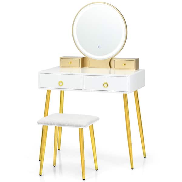 Costway White Armoire Vanity Makeup Dressing Table Stool Set 3-Color ighted Mirror W/Drawers 31'' x 16'' x 51.5'' (L x W x H)