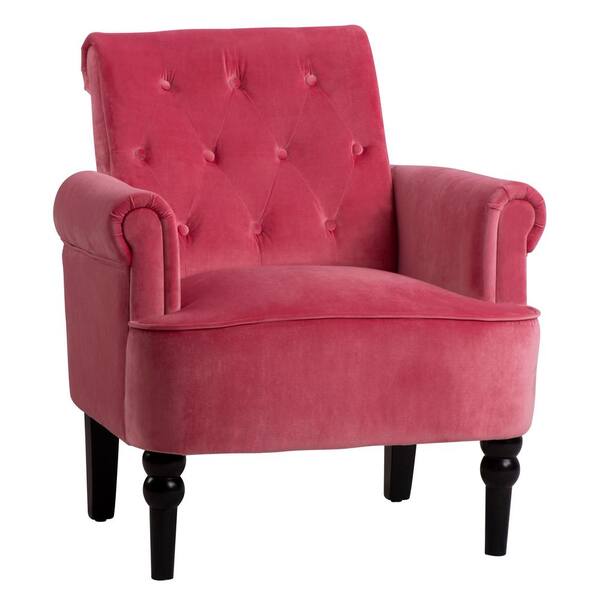 pink velvet chair with wooden legs