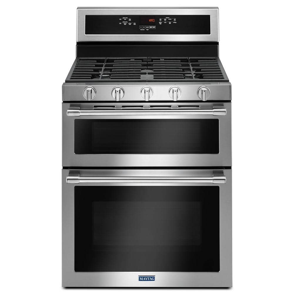 Maytag 6.0 cu. ft. Double Oven Gas Range with True Convection Oven in Fingerprint Resistant Stainless Steel, Silver