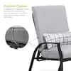 Infographic showing the cushion clamps on the gray outdoor chair.