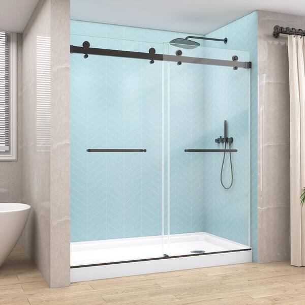 72 in. W x 76 in. H Sliding Frameless Double Bypass Alcove Glass Shower Door in Matte Black 5/16 in. Clear Glass