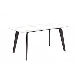 Krevor Series Modern White/Gold Stone 62 in. Rectangular Wide Tabletop and 4 Legs Black Steel Dining Table Seats 6