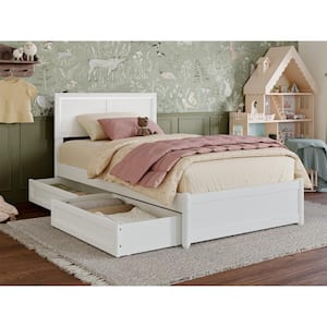 Lylah White Solid Wood Frame Twin Platform Bed with Panel Footboard and Storage Drawers