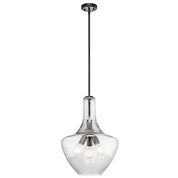 KICHLER Everly 22.75 in. 3-Light Olde Bronze Transitional Shaded Kitchen Bell Pendant Hanging Light with Clear Seeded Glass