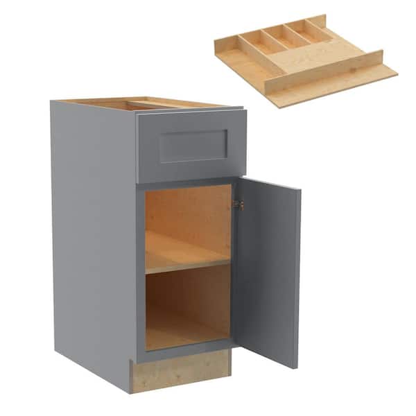 Home Decorators Collection Newport 15 in. W x 24 in. D x 34.5 in. H Assembled Plywood Base Kitchen Cabinet in Pearl Gray with Cutlery Soft Close RH