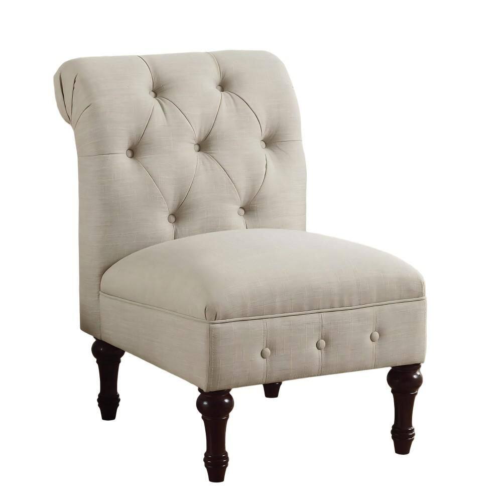 Beige Linen Side Chair with Solid Rubberwood Chair Legs
