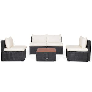 5-Piece Patio Rattan Furniture Set Acacia Wood Table Top Sofa Cushion Deck in Off White