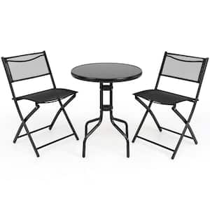 Black 3-Piece Metal Outdoor Bistro Set Classic Leisure Bistro Set with Tempered Glass Table Top