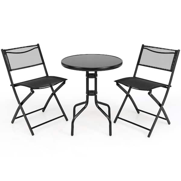 Afoxsos Black 3-Piece Metal Outdoor Bistro Set Classic Leisure Bistro Set with Tempered Glass Table Top