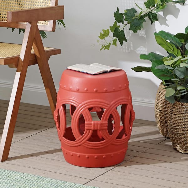 JONATHAN Y Lucky Coins 16 Chinese Ceramic Drum Garden Stool Matte Coral TBL1022G