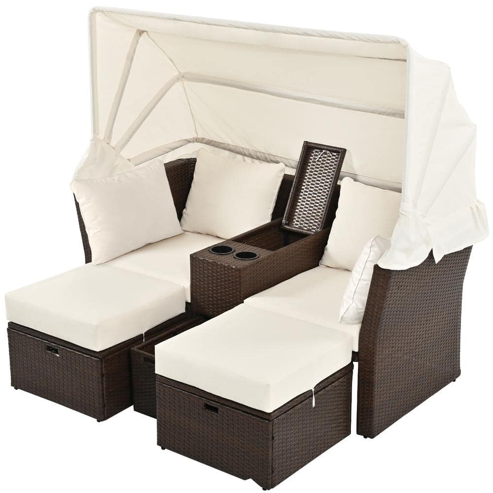 Wicker Outdoor Double Day Bed with Beige Cushions, 2-Seater Patio Daybed, O