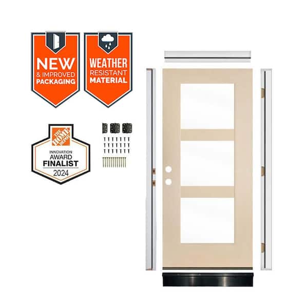 Krosswood Doors DIY Modern 36 in. x 79 in. 3-Lite Right-Hand Clear Glass Unfinished Fiberglass Front Door Kit w/ Quick Assemble Jamb