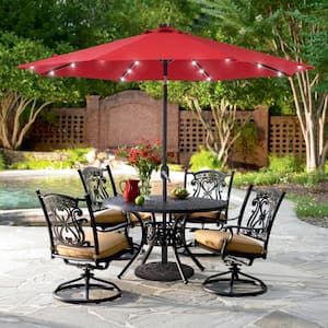 9 ft. Solar Lighted LED Outdoor Patio Market Table Umbrella in Red, UV-Resistant Canopy and Tilt Button
