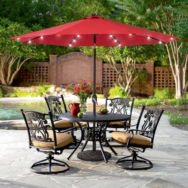 Sonkuki 9 ft. Solar Lighted LED Outdoor Patio Market Table Umbrella in Red, UV-Resistant Canopy and Tilt Button