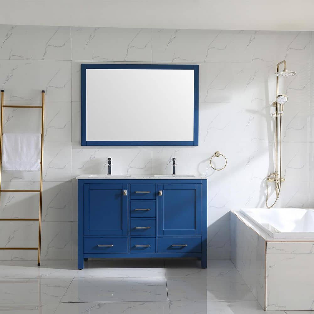 Eviva London 48 in. W x 18 in. D x 34 in. H Double Bathroom Vanity in Blue with White Carrara Marble Top with White Sinks -  TN414-48X18B-D