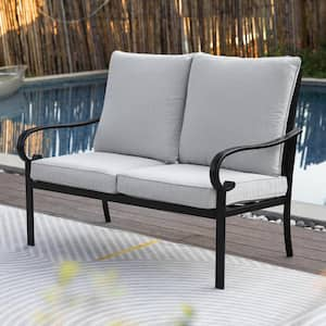 2-Piece Black Metal Outdoor Patio Conversation Loveseat Sectional with Gray Cushions and Coffee Table for Backyard, Lawn