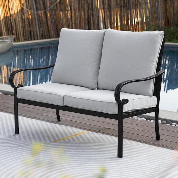 Zeus & Ruta 2-Piece Black Metal Outdoor Patio Conversation Loveseat Sectional with Gray Cushions and Coffee Table for Backyard, Lawn