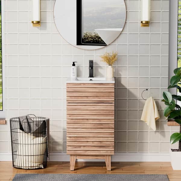 eclife 18 in. W x 17.7 in. D x 33.5 in. H Single Sink Bath Vanity in Oak with White Ceramic Top and Drain Faucet Set