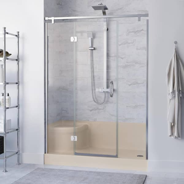 Swiss Madison Aquatique 60 in. L x 32 in. W Alcove Shower Pan Base with Right Drain and Integral Left Hand Seat in Biscuit