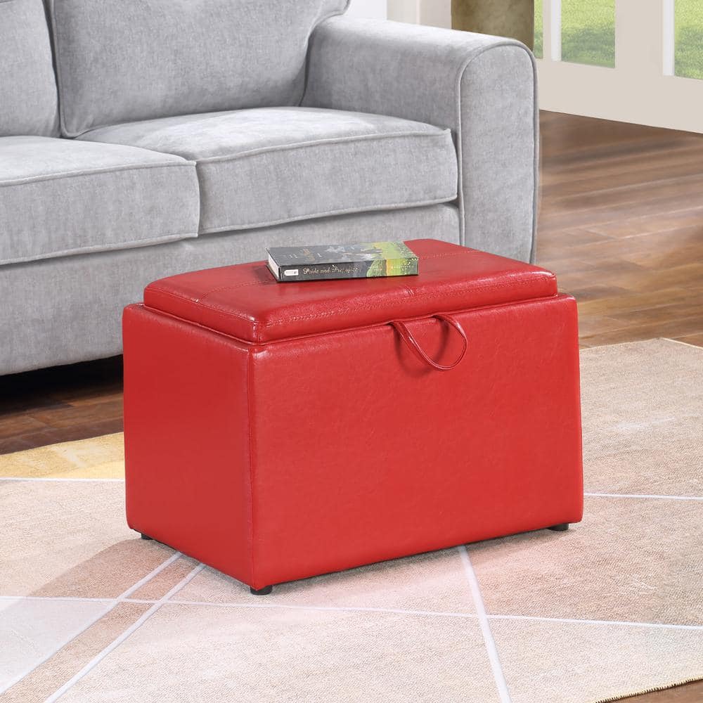 Versatile Bright Red Faux Leather Ottoman with Reversible Tray