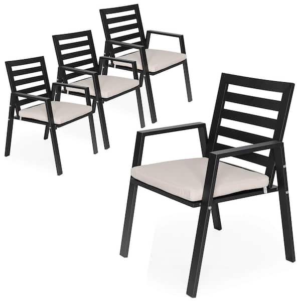 Leisuremod Chelsea Modern Black Aluminum Outdoor Dining Chair with Removable Cushions in Beige (Set of 4)