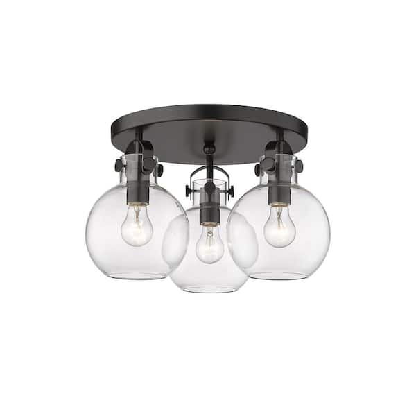 Newton Sphere 19.63 in. 3-Light Matte Black Industrial Flush Mount with Clear Glass Shade