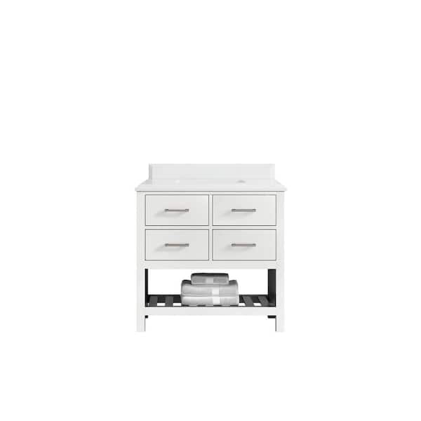 Willow Collections Parker 36 in. W x 22 in. D x 36 in. H Center Sink Bath Vanity in White with Cove Edge White Quartz Top