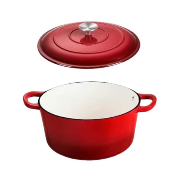 Enameled Cast Iron Dutch Oven Pot with Lid, 5 QT Stock Pot, Red, Cookware for Stewing, Roasting, Induction Compatible