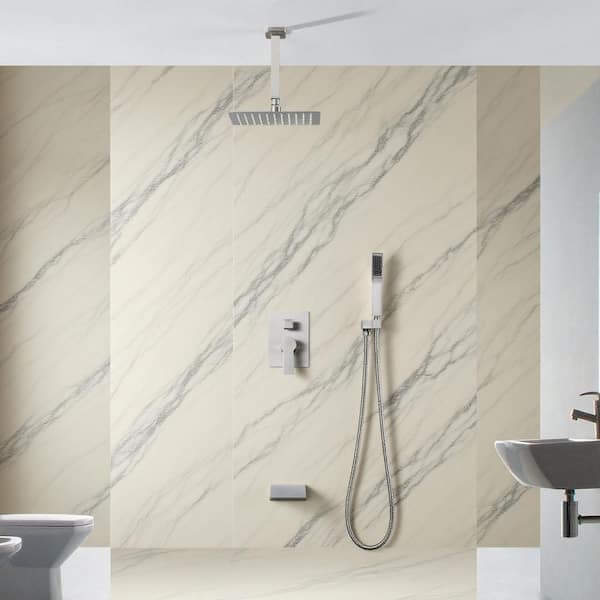 Single Handle 1-Spray 3-Way Tub and Shower Faucet 2.5 GPM Ceiling Mount Shower Head in Brushed Nickel Valve Included